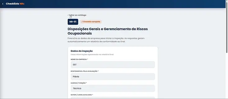 Respondendo os itens da inspeção